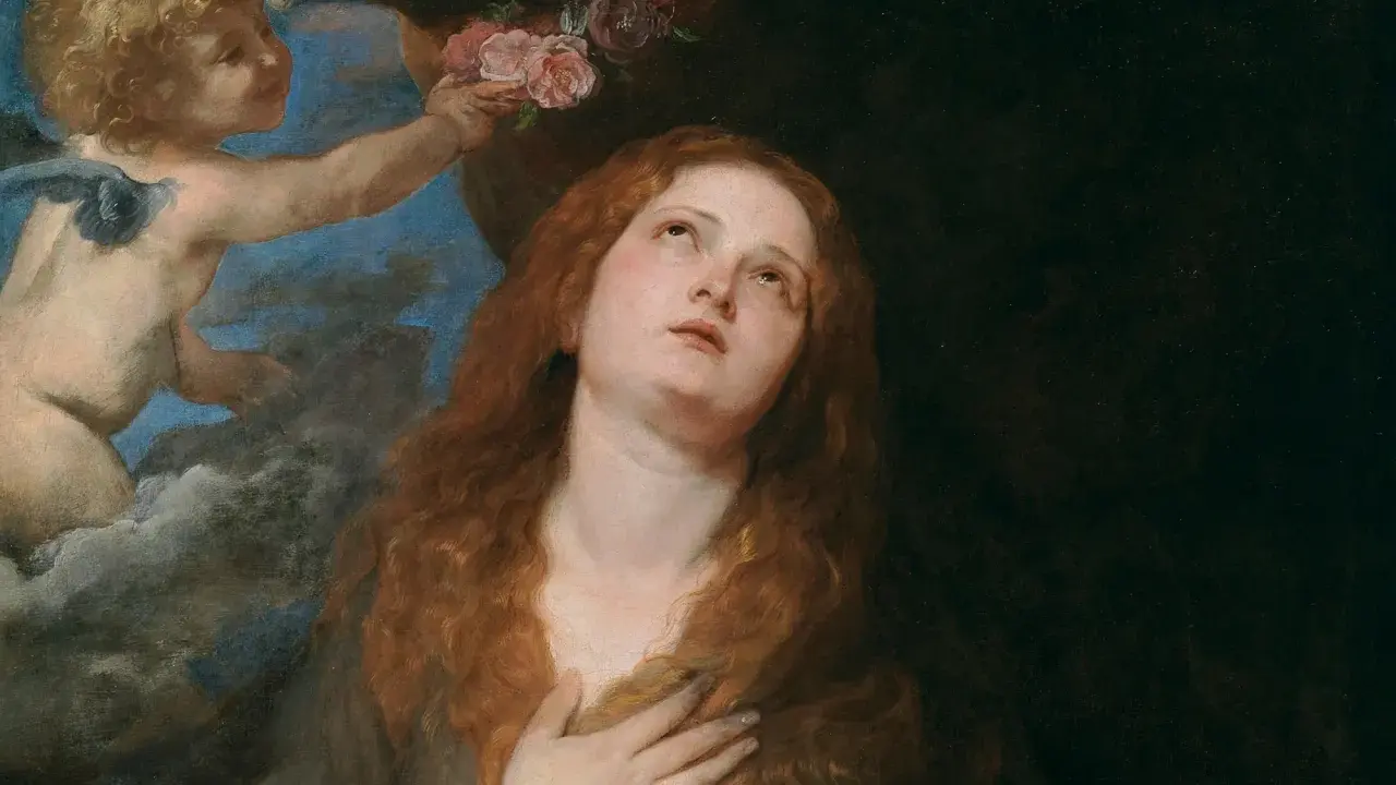 Un putto offre fiori a Santa Rosalia, protettrice di Palermo, in un'estasi mistica.