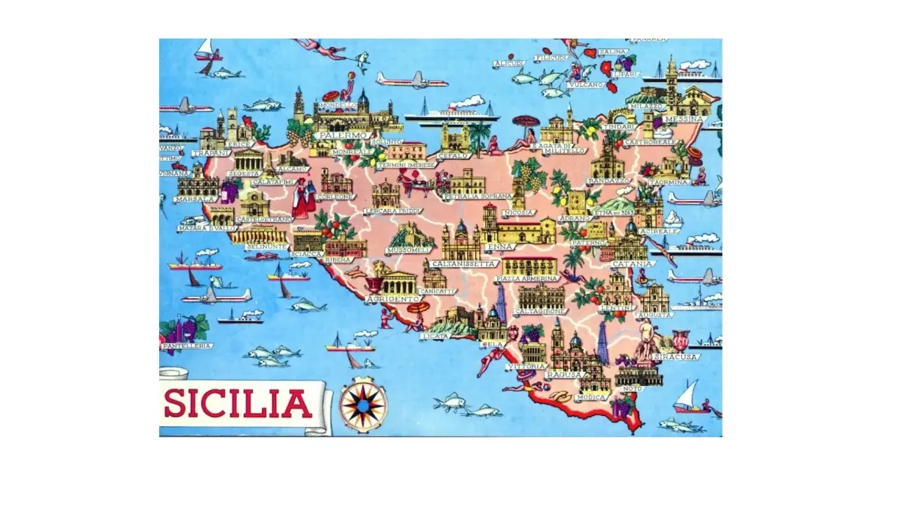 Mappa illustrata della Sicilia con città, monumenti e simboli marittimi, che evoca proverbi e filastrocche siciliane.