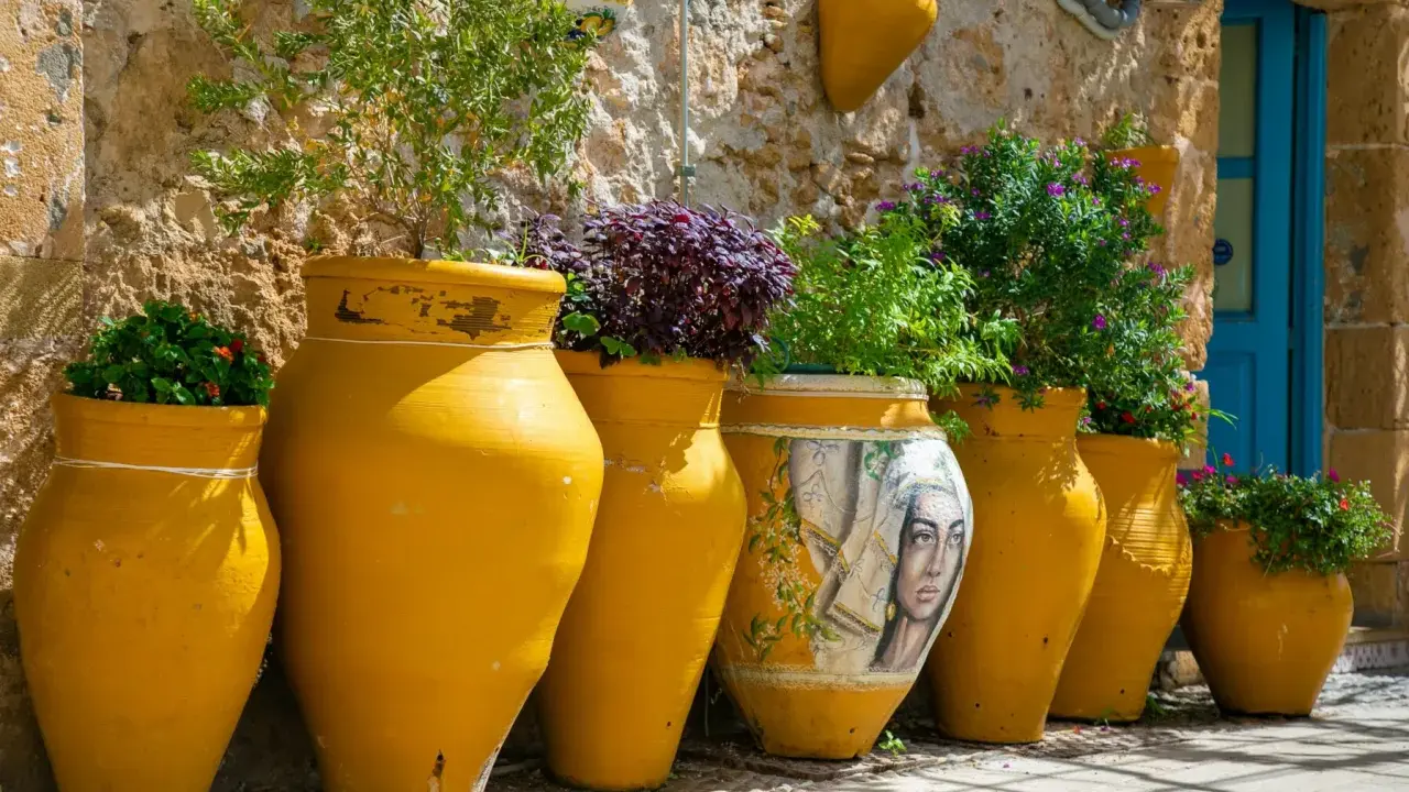 Vasi gialli decorati con un volto femminile e piante rigogliose, un angolo pittoresco da scoprire tra le cose da vedere a Bagheria.