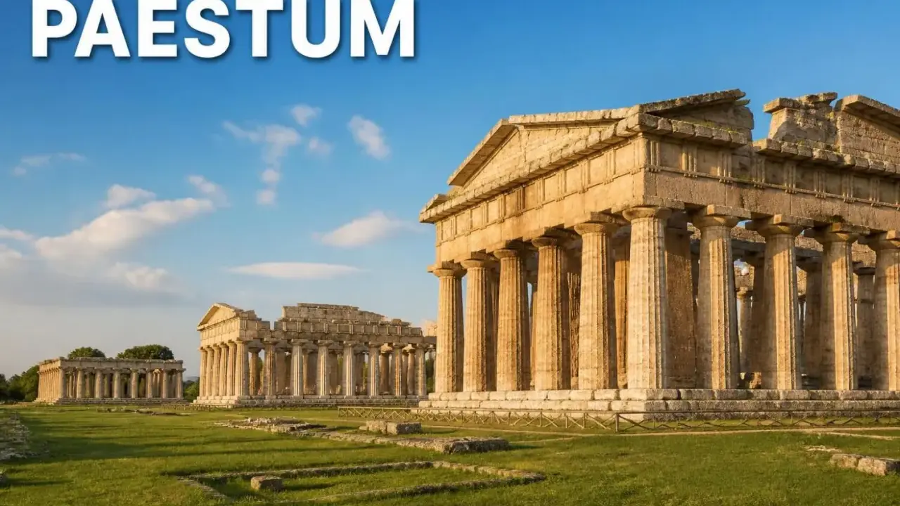 Templi dorici di Paestum, testimoni della Magna Grecia, si ergono maestosi sotto un cielo azzurro.