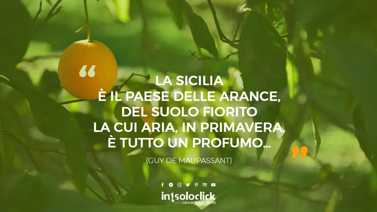 Sicilia bedda frasi: un'arancia su un ramo, circondata da foglie verdi. La citazione di Maupassant celebra la bellezza e il profumo della Sicilia in primavera.