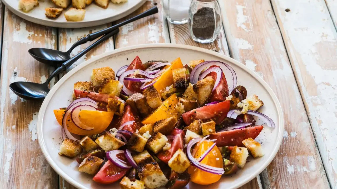 Un piatto di panzanella siciliana con pomodori, cipolla rossa e crostini croccanti.