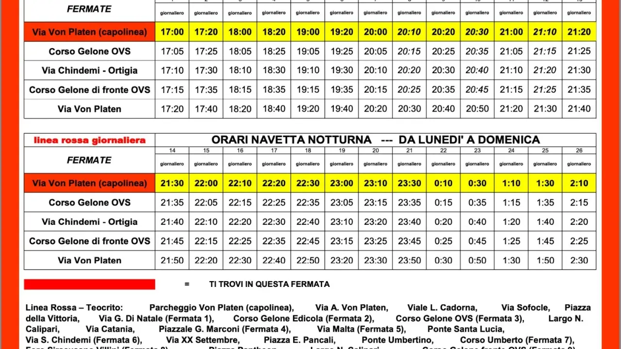 Orari navetta notturna Siracusa-Ortigia. La distanza tra le fermate è indicata dagli orari.
