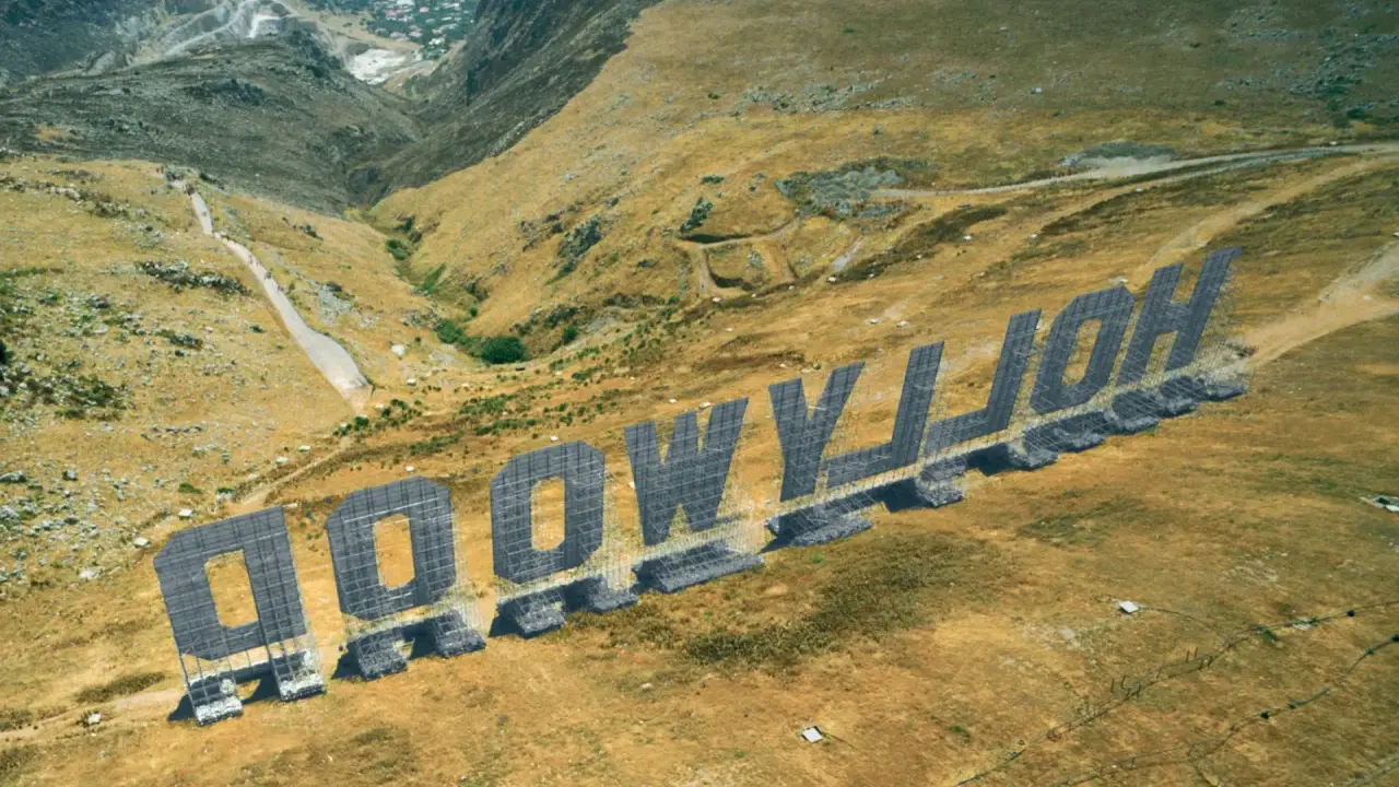 Aerial view of the "HOLLYWOOD" sign in Palermo, Italy, set against a dry, hilly landscape.