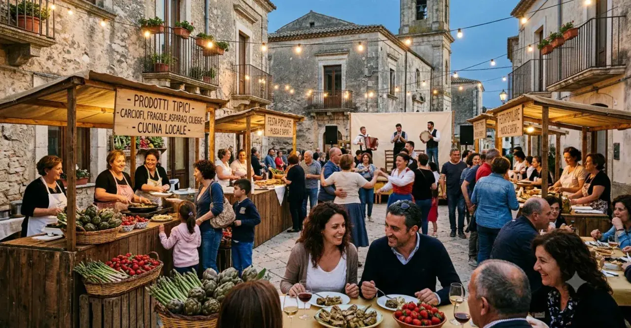 Una piazza animata da sagre di paese: bancarelle di prodotti tipici, musica dal vivo e gente che balla e mangia all'aperto.