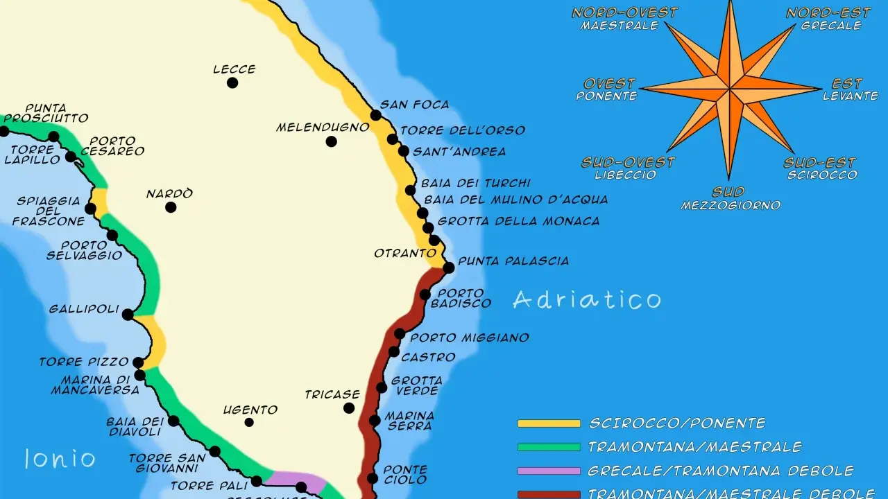 Mappa del Salento con indicati luoghi come Gallipoli, Otranto e Santa Maria di Leuca. La costa ionica e adriatica mostra la spiaggia più bella del Salento.