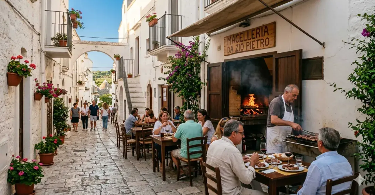 Cosa vedere a Cisternino in mezza giornata: vicoli bianchi, fiori colorati e un macellaio che griglia carne all'aperto.