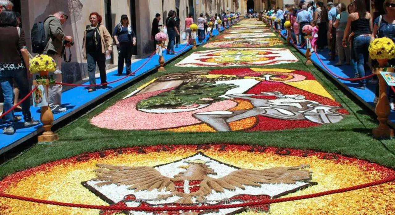 I camminanti di Noto ammirano un tappeto di fiori colorati che decora la strada, un'opera d'arte effimera.