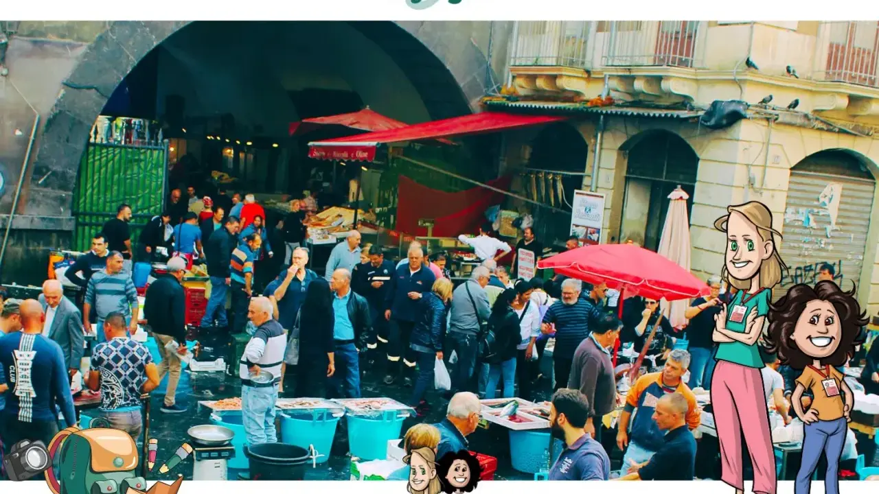 Un vivace mercato a Catania tutti i giorni, con bancarelle piene di pesce fresco e gente che fa acquisti.