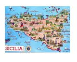 Mappa illustrata della Sicilia con città, monumenti e simboli marittimi, che evoca proverbi e filastrocche siciliane.