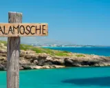 Cartello in legno "Calamosche Sicilia" su un palo, con mare turchese e costa rocciosa sullo sfondo.