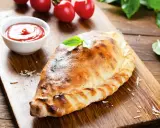 Un dorato cudduruni palermitano, guarnito con basilico, su tagliere di legno, con pomodorini e salsa di pomodoro.
