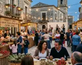 Una piazza animata da sagre di paese: bancarelle di prodotti tipici, musica dal vivo e gente che balla e mangia all'aperto.