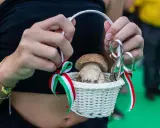Cesto con fungo porcino decorato con nastri tricolore, simbolo di una sagra culinaria.