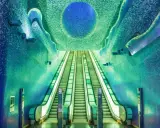La fermata metro Napoli Toledo, famosa per la sua arte e design, con scale mobili che sembrano scendere verso un mare di mosaici blu e verdi.