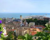 Panoramica di Salerno: cosa vedere a piedi. Fiori viola in primo piano, poi tetti rossi, edifici colorati, il porto e il mare azzurro.