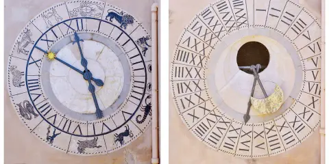 Dettaglio dell'orologio astronomico di Trapani con i segni zodiacali e le fasi lunari.