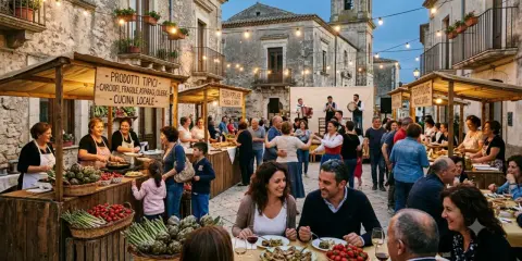 Una piazza animata da sagre di paese: bancarelle di prodotti tipici, musica dal vivo e gente che balla e mangia all'aperto.