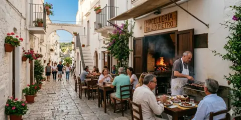 Cosa vedere a Cisternino in mezza giornata: vicoli bianchi, fiori colorati e un macellaio che griglia carne all'aperto.