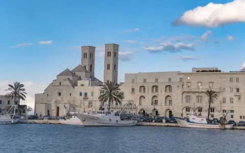 Molfetta cosa vedere: la Basilica e il porto con pescherecci sotto un cielo azzurro e nuvoloso.