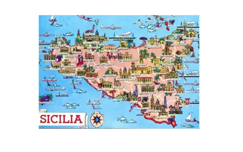 Mappa illustrata della Sicilia con città, monumenti e simboli marittimi, che evoca proverbi e filastrocche siciliane.