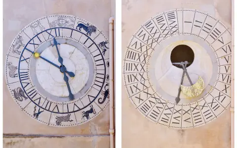 Dettaglio dell'orologio astronomico di Trapani con i segni zodiacali e le fasi lunari.
