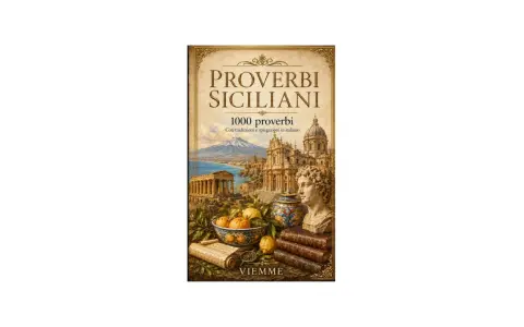 Copertina di "Proverbi Siciliani": un paesaggio incantevole con templi antichi, un vulcano, edifici barocchi, frutta e libri, che evoca la saggezza dei detti siciliani.