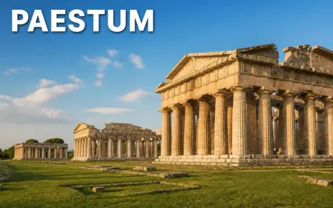 Templi dorici di Paestum, testimoni della Magna Grecia, si ergono maestosi sotto un cielo azzurro.
