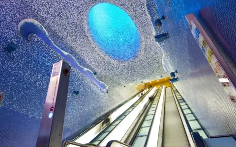 Stazioni metro Napoli da vedere: la stazione Toledo, con il suo soffitto a mosaico blu e la grande apertura luminosa, sembra un'onda marina.