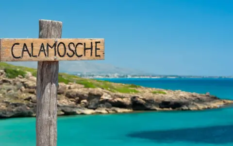 Cartello in legno "Calamosche Sicilia" su un palo, con mare turchese e costa rocciosa sullo sfondo.
