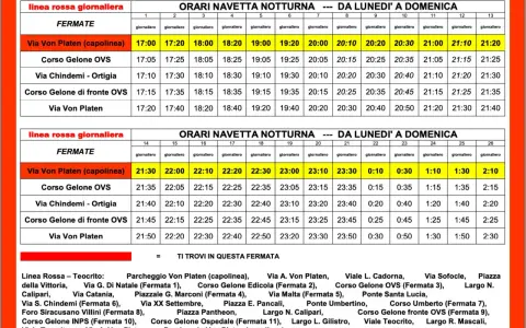 Orari navetta notturna Siracusa-Ortigia. La distanza tra le fermate è indicata dagli orari.
