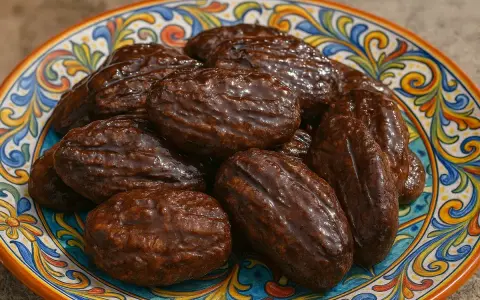 Dolci nuvolette di Randazzo, ricoperte da una glassa scura e lucida, disposte su un piatto decorato con motivi floreali colorati.