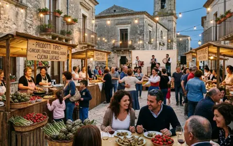 Una piazza animata da sagre di paese: bancarelle di prodotti tipici, musica dal vivo e gente che balla e mangia all'aperto.