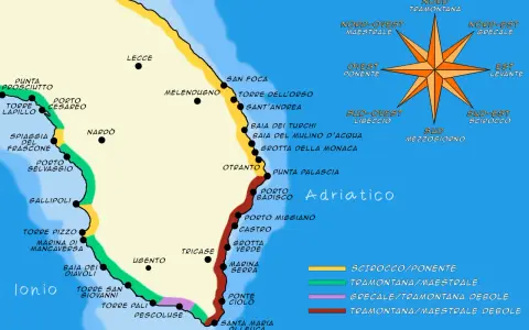 Mappa del Salento con indicati luoghi come Gallipoli, Otranto e Santa Maria di Leuca. La costa ionica e adriatica mostra la spiaggia più bella del Salento.