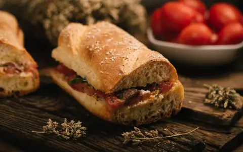 Panino con pomodoro e acciughe, un classico della cucina povera siciliana, su tagliere in legno con erbe aromatiche.