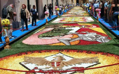 I camminanti di Noto ammirano un tappeto di fiori colorati che decora la strada, un'opera d'arte effimera.