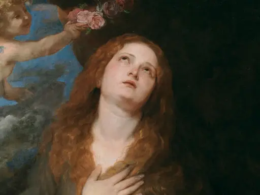 Un putto offre fiori a Santa Rosalia, protettrice di Palermo, in un'estasi mistica.