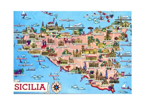 Mappa illustrata della Sicilia con città, monumenti e simboli marittimi, che evoca proverbi e filastrocche siciliane.