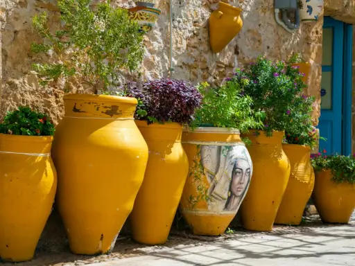 Vasi gialli decorati con un volto femminile e piante rigogliose, un angolo pittoresco da scoprire tra le cose da vedere a Bagheria.