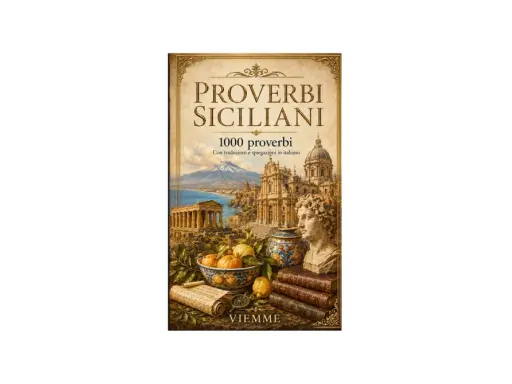 Copertina di "Proverbi Siciliani": un paesaggio incantevole con templi antichi, un vulcano, edifici barocchi, frutta e libri, che evoca la saggezza dei detti siciliani.