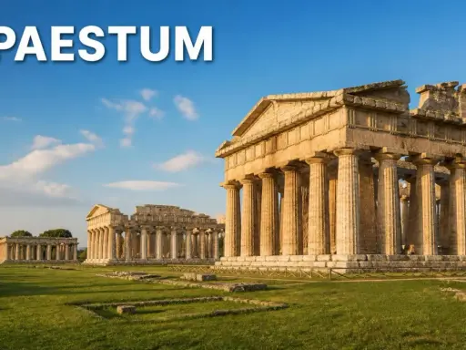 Templi dorici di Paestum, testimoni della Magna Grecia, si ergono maestosi sotto un cielo azzurro.