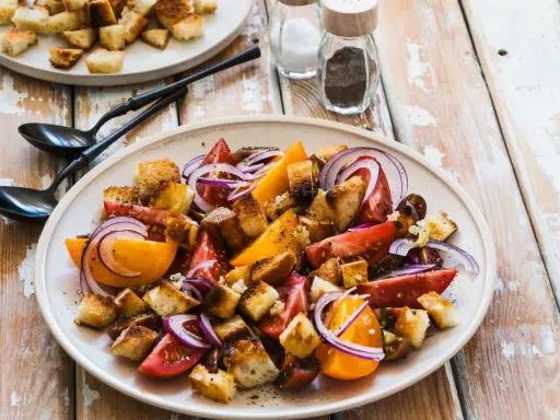 Un piatto di panzanella siciliana con pomodori, cipolla rossa e crostini croccanti.