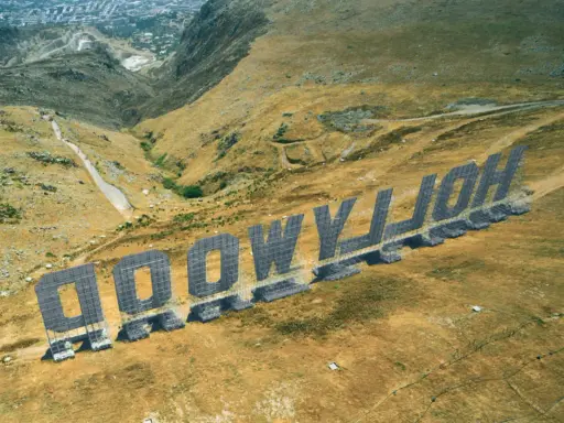 Aerial view of the "HOLLYWOOD" sign in Palermo, Italy, set against a dry, hilly landscape.