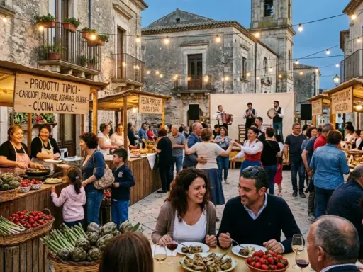 Una piazza animata da sagre di paese: bancarelle di prodotti tipici, musica dal vivo e gente che balla e mangia all'aperto.