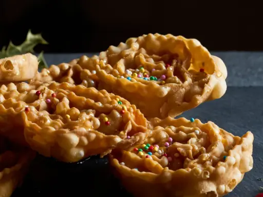 Cartellate, dolci tipici della Puglia, ricoperte di miele e confettini colorati, con un rametto di agrifoglio sullo sfondo.