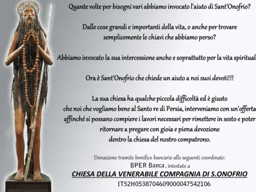 A statue of Saint Onofrio, a hermit with long hair and beard, holding a staff and rosary.