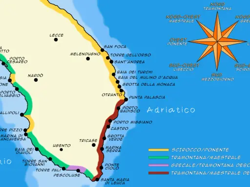 Mappa del Salento con indicati luoghi come Gallipoli, Otranto e Santa Maria di Leuca. La costa ionica e adriatica mostra la spiaggia più bella del Salento.