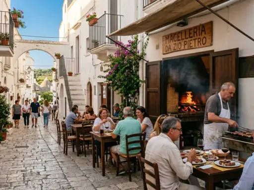Cosa vedere a Cisternino in mezza giornata: vicoli bianchi, fiori colorati e un macellaio che griglia carne all'aperto.