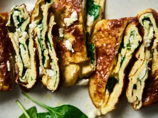 Rotoli di pisci d'ovu con spinaci e formaggio feta, dorati e invitanti, tagliati a fette per mostrare il ripieno cremoso.