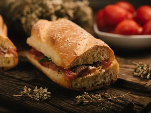 Panino con pomodoro e acciughe, un classico della cucina povera siciliana, su tagliere in legno con erbe aromatiche.